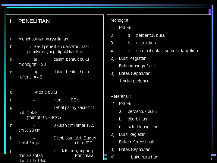 Monograf II. PENELITIAN 1. a. b. c. d. Menghasilkan karya ilmiah 1) Hasil penelitian