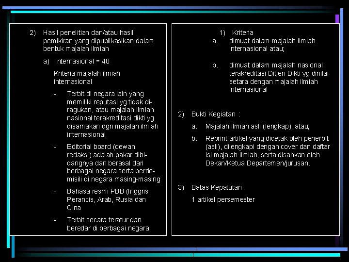 2) 1) Kriteria a. dimuat dalam majalah ilmiah internasional atau; Hasil penelitian dan/atau hasil