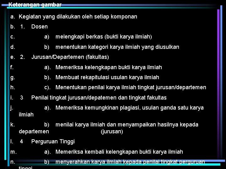 Keterangan gambar a. Kegiatan yang dilakukan oleh setiap komponan b. 1. Dosen c. a)