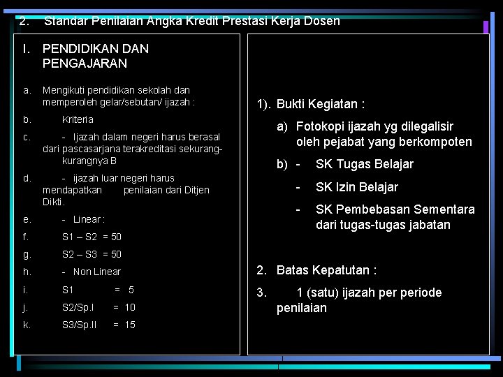 2. Standar Penilaian Angka Kredit Prestasi Kerja Dosen I. PENDIDIKAN DAN PENGAJARAN a. b.