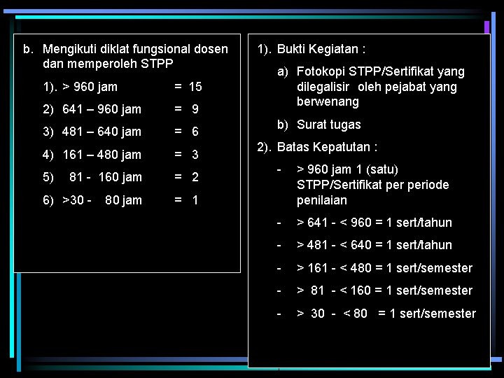 b. Mengikuti diklat fungsional dosen dan memperoleh STPP 1). > 960 jam = 15