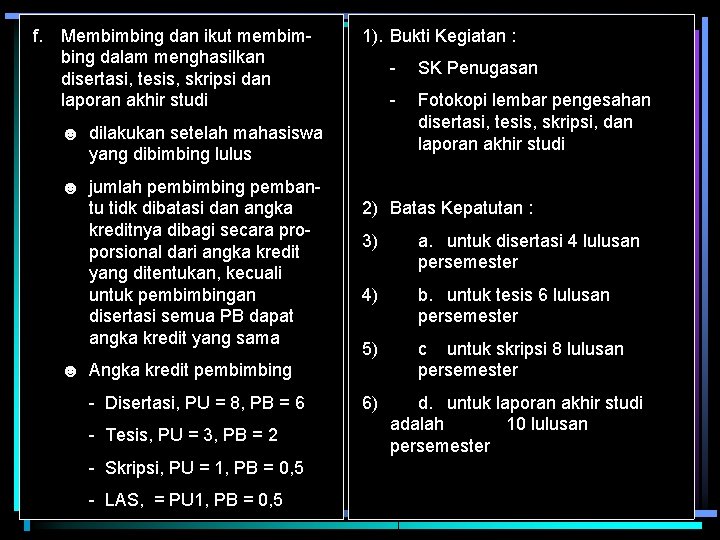 f. Membimbing dan ikut membimbing dalam menghasilkan disertasi, tesis, skripsi dan laporan akhir studi