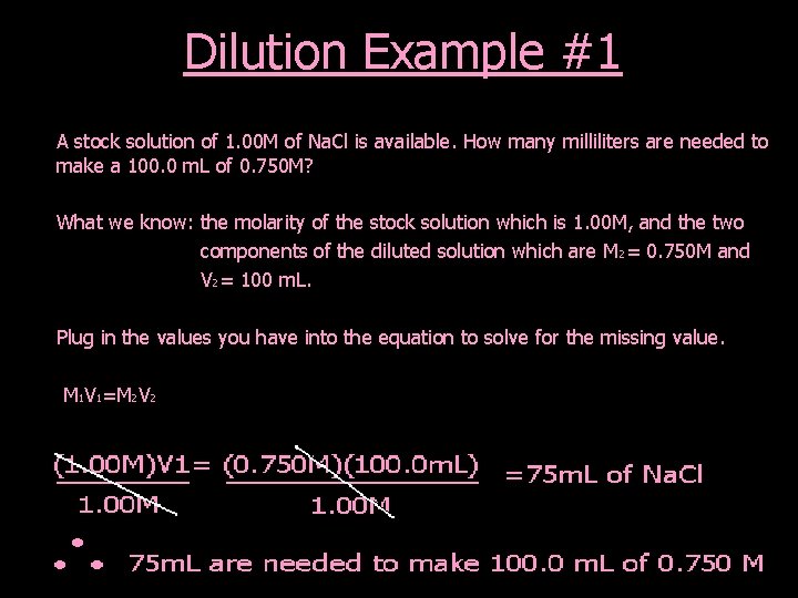 Dilution Example #1 A stock solution of 1. 00 M of Na. Cl is