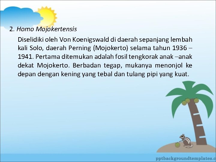 2. Homo Mojokertensis Diselidiki oleh Von Koenigswald di daerah sepanjang lembah kali Solo, daerah
