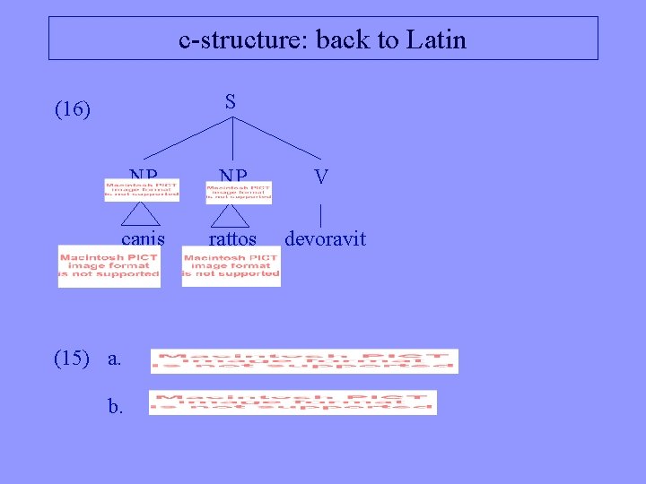 c-structure: back to Latin S (16) NP NP V canis rattos devoravit (15) a.