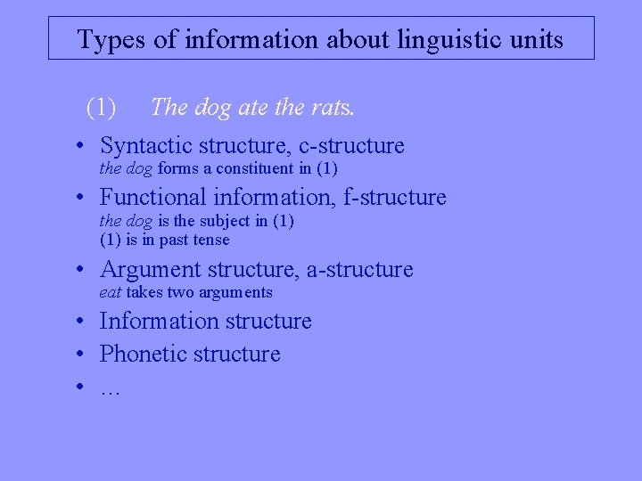 Types of information about linguistic units (1) The dog ate the rats. • Syntactic