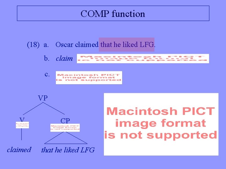 COMP function (18) a. Oscar claimed that he liked LFG. b. claim c. VP