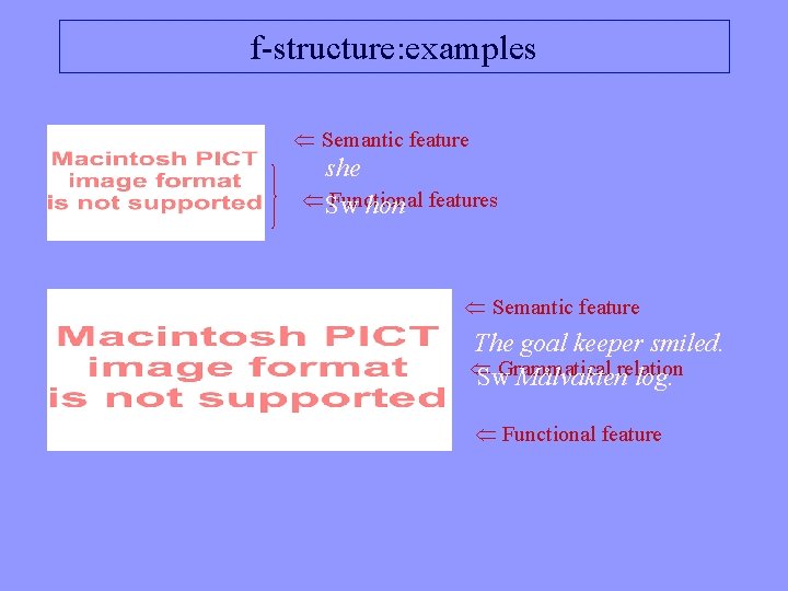 f-structure: examples Semantic feature she Sw Functional hon features Semantic feature The goal keeper