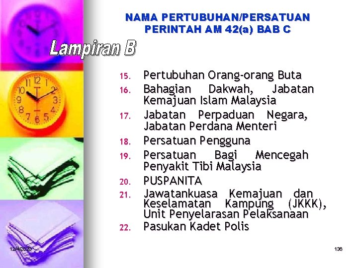NAMA PERTUBUHAN/PERSATUAN PERINTAH AM 42(a) BAB C 15. 16. 17. 18. 19. 20. 21.