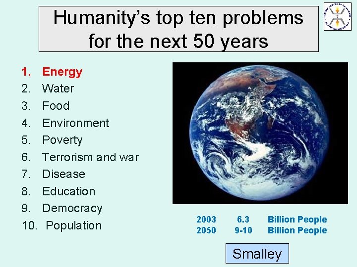 Humanity’s top ten problems for the next 50 years 1. 2. 3. 4. 5.