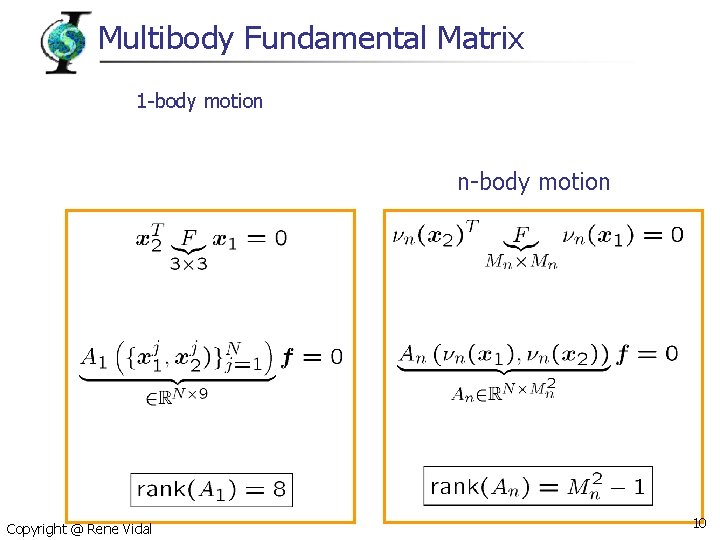 Multibody Fundamental Matrix 1 -body motion n-body motion Copyright @ Rene Vidal 10 