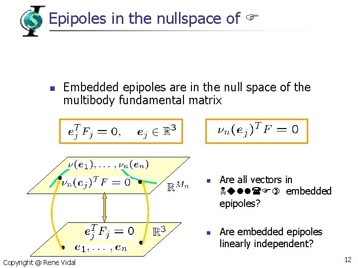 Epipoles in the nullspace of F n Embedded epipoles are in the null space