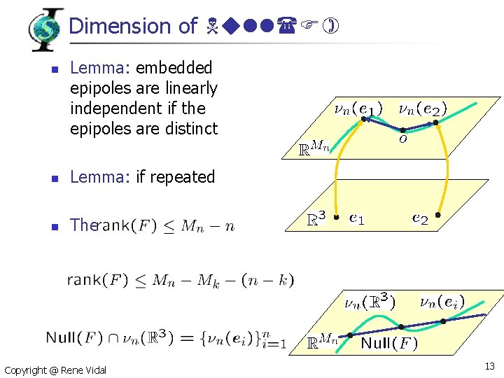 Dimension of Null(F) n Lemma: embedded epipoles are linearly independent if the epipoles are