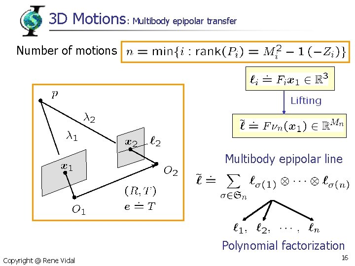 3 D Motions: Multibody epipolar transfer Number of motions Lifting Multibody epipolar line Polynomial