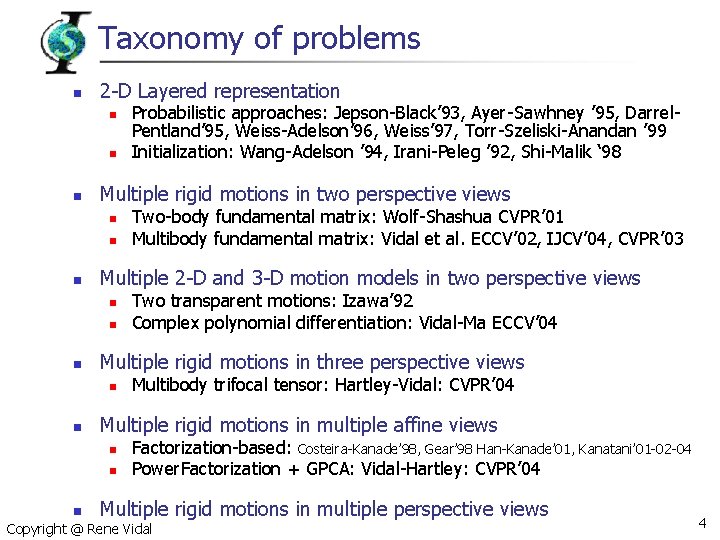 Taxonomy of problems n 2 -D Layered representation n Multiple rigid motions in two