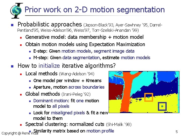 Prior work on 2 -D motion segmentation n Probabilistic approaches (Jepson-Black’ 93, Ayer-Sawhney ’