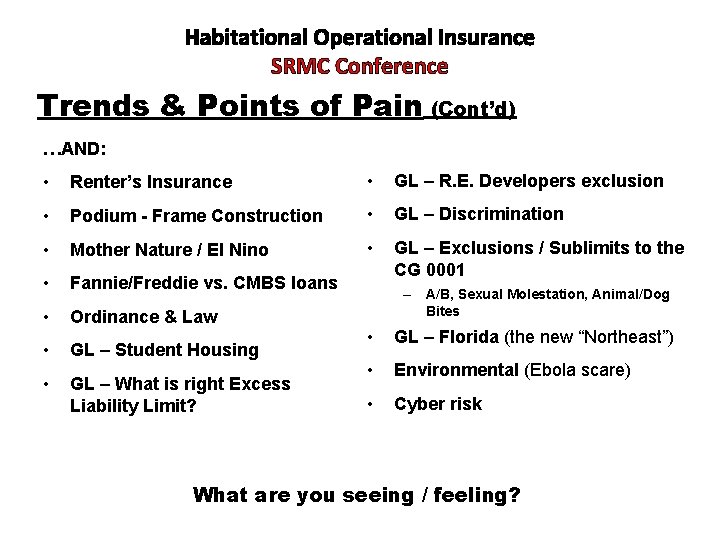 Habitational Operational Insurance SRMC Conference Trends & Points of Pain (Cont’d) …AND: • Renter’s