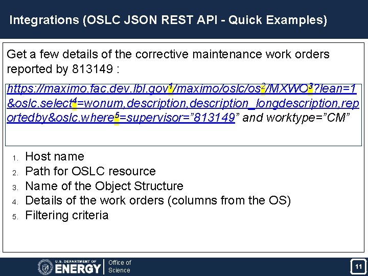 Integrations (OSLC JSON REST API - Quick Examples) Get a few details of the