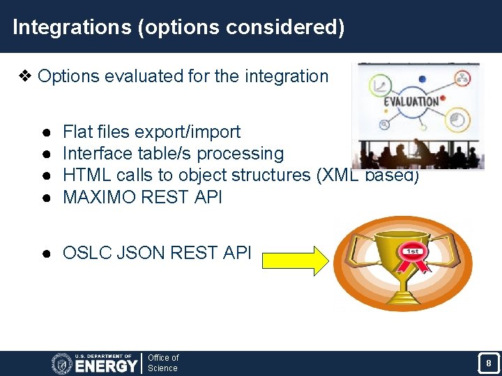 Integrations (options considered) ❖ Options evaluated for the integration ● ● Flat files export/import