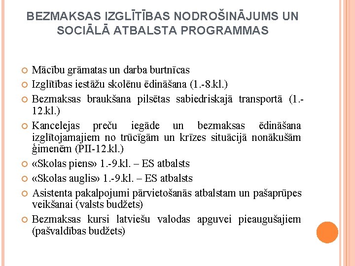 BEZMAKSAS IZGLĪTĪBAS NODROŠINĀJUMS UN SOCIĀLĀ ATBALSTA PROGRAMMAS Mācību grāmatas un darba burtnīcas Izglītības iestāžu