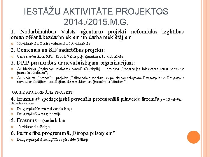 IESTĀŽU AKTIVITĀTE PROJEKTOS 2014. /2015. M. G. 1. Nodarbinātības Valsts aģentūras projekti neformālās izglītības