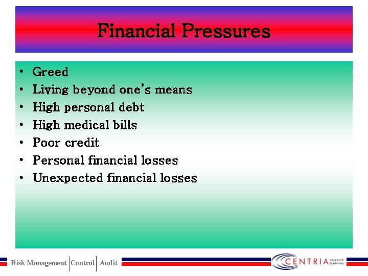 Financial Pressures • • Greed Living beyond one’s means High personal debt High medical