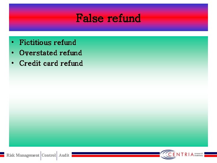 False refund • Fictitious refund • Overstated refund • Credit card refund Risk Management