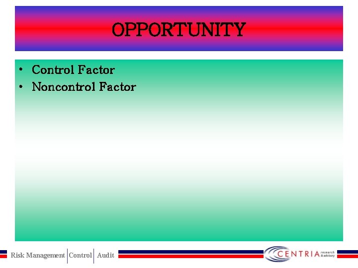 OPPORTUNITY • Control Factor • Noncontrol Factor Risk Management Control Audit 