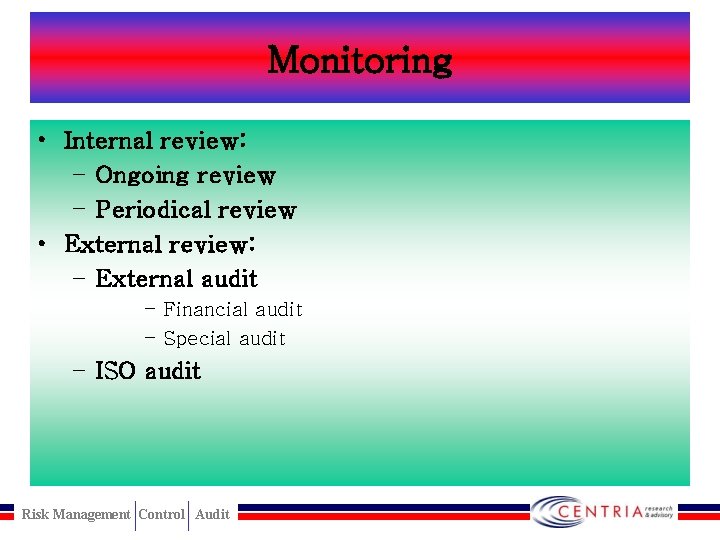 Monitoring • Internal review: – Ongoing review – Periodical review • External review: –