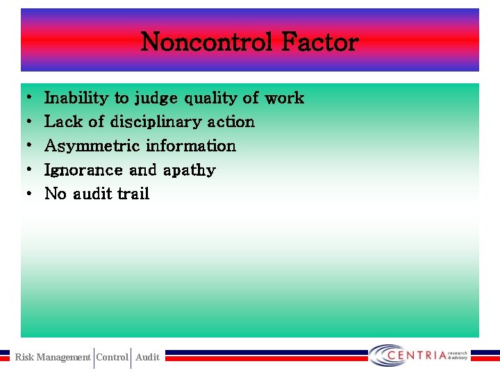 Noncontrol Factor • • • Inability to judge quality of work Lack of disciplinary