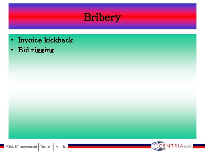 Bribery • Invoice kickback • Bid rigging Risk Management Control Audit 