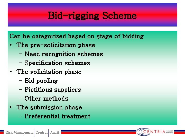 Bid-rigging Scheme Can be catagorized based on stage of bidding • The pre-solicitation phase