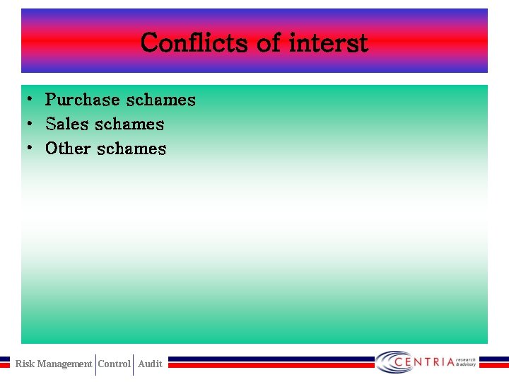 Conflicts of interst • Purchase schames • Sales schames • Other schames Risk Management