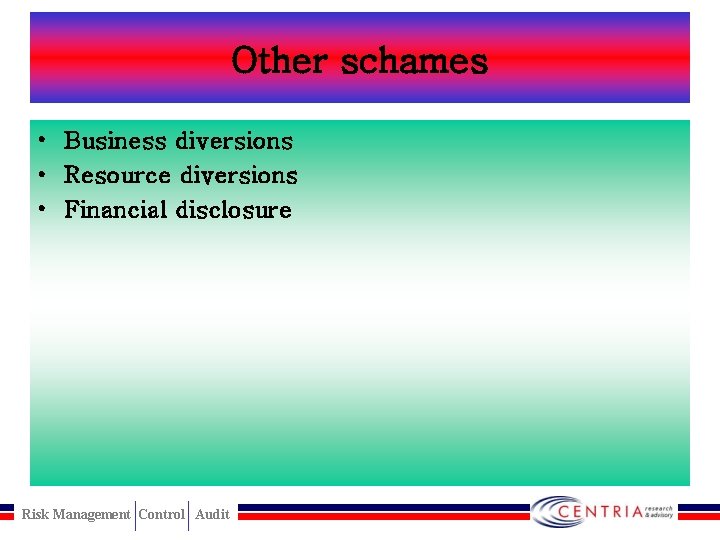 Other schames • Business diversions • Resource diversions • Financial disclosure Risk Management Control