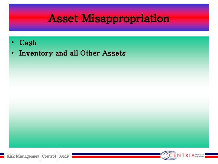 Asset Misappropriation • Cash • Inventory and all Other Assets Risk Management Control Audit