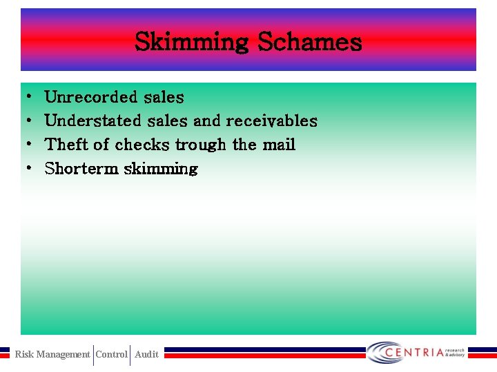 Skimming Schames • • Unrecorded sales Understated sales and receivables Theft of checks trough