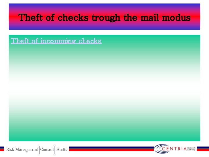 Theft of checks trough the mail modus Theft of incomming checks Risk Management Control