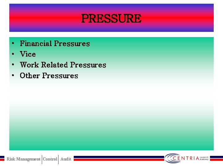 PRESSURE • • Financial Pressures Vice Work Related Pressures Other Pressures Risk Management Control
