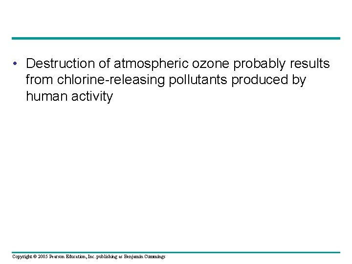  • Destruction of atmospheric ozone probably results from chlorine-releasing pollutants produced by human