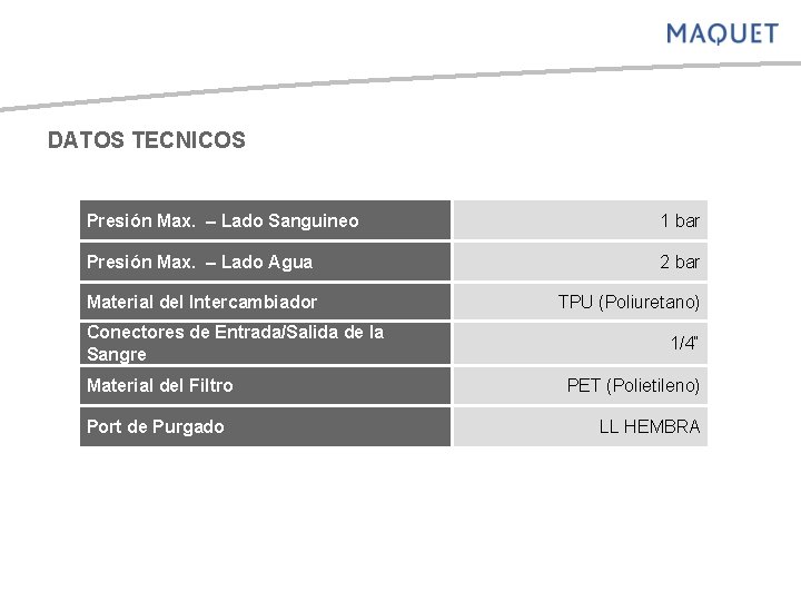 DATOS TECNICOS Presión Max. – Lado Sanguineo 1 bar Presión Max. – Lado Agua