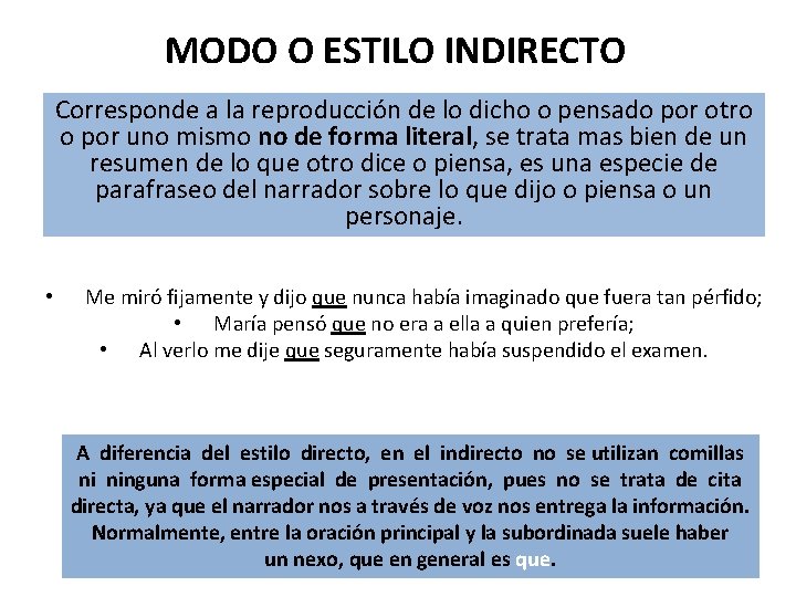 MODO O ESTILO INDIRECTO Corresponde a la reproducción de lo dicho o pensado por