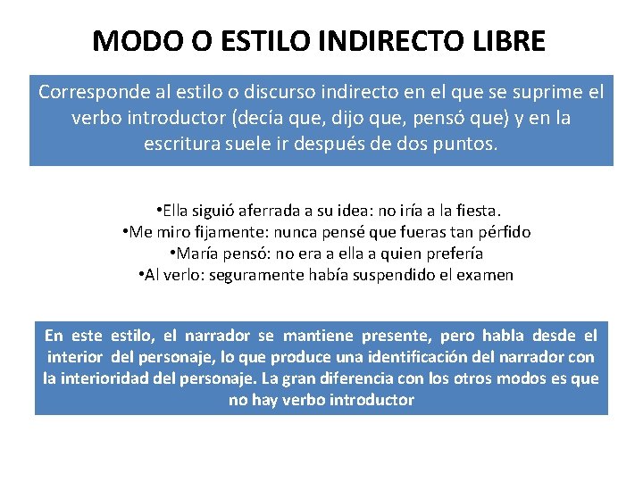 MODO O ESTILO INDIRECTO LIBRE Corresponde al estilo o discurso indirecto en el que