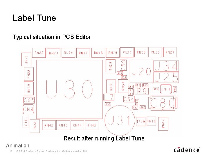 Label Tune Typical situation in PCB Editor Result after running Label Tune Animation 12