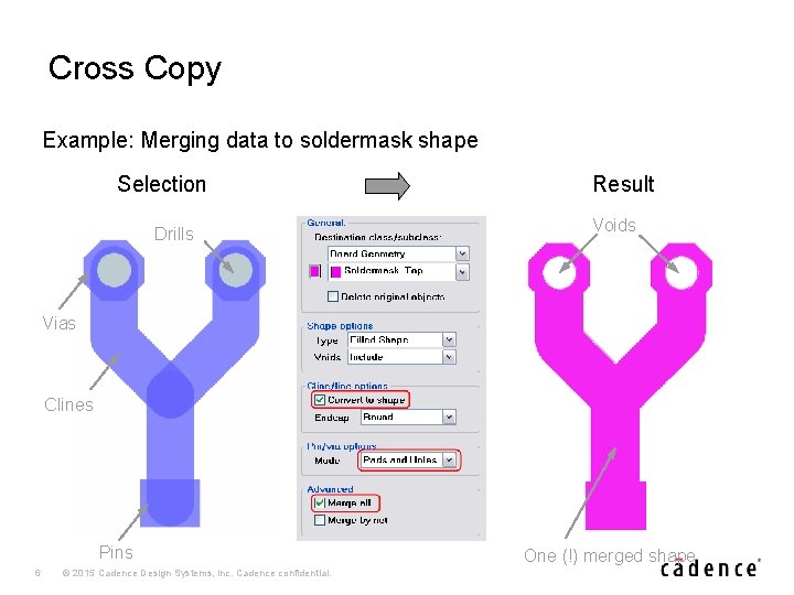 Cross Copy Example: Merging data to soldermask shape Selection Drills Result Voids Vias Clines