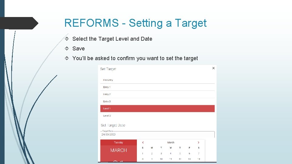 REFORMS - Setting a Target Select the Target Level and Date Save You’ll be