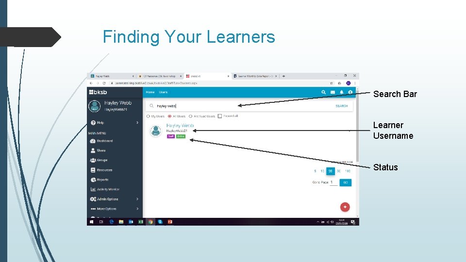 Finding Your Learners Search Bar Learner Username Status 