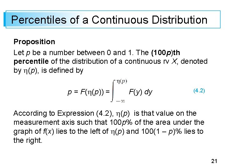 Percentiles of a Continuous Distribution Proposition Let p be a number between 0 and