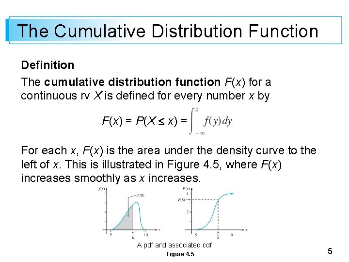 The Cumulative Distribution Function Definition The cumulative distribution function F(x) for a continuous rv