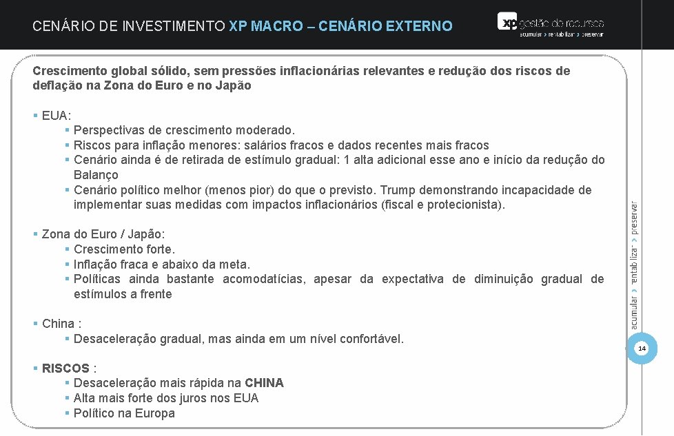 CENÁRIO DE INVESTIMENTO XP MACRO – CENÁRIO EXTERNO Crescimento global sólido, sem pressões inflacionárias