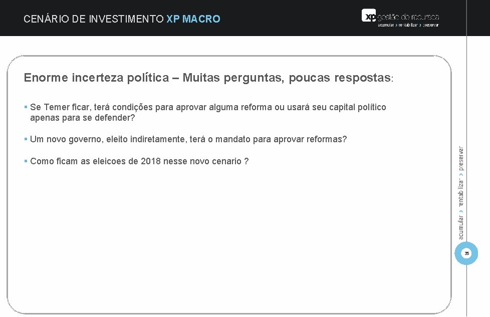 CENÁRIO DE INVESTIMENTO XP MACRO Enorme incerteza política – Muitas perguntas, poucas respostas: §